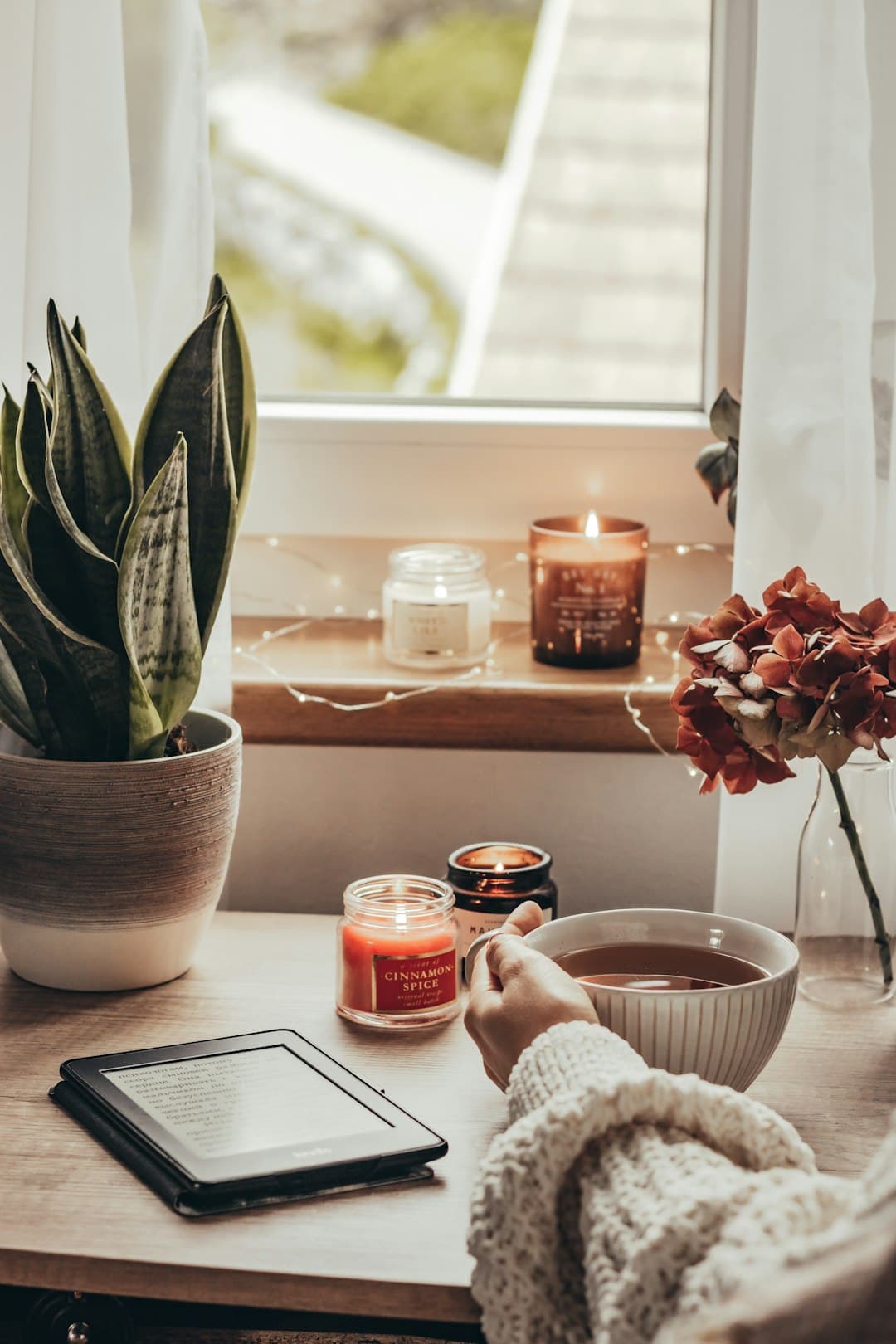 Hands cradling a warm mug of tea by a sunlit window, an e-reader and a houseplant nearby — a calm, clear-headed morning at home.