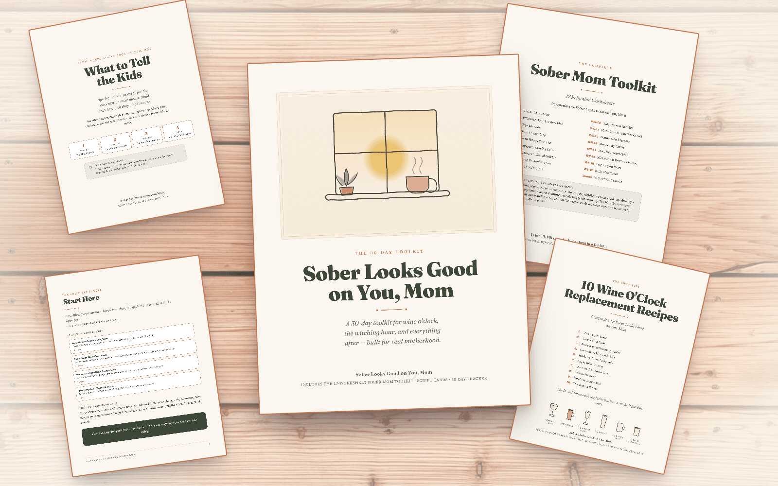 The complete Sober Looks Good on You, Mom bundle: the 30-day book, worksheet pack, script cards, and mocktail cards fanned out together