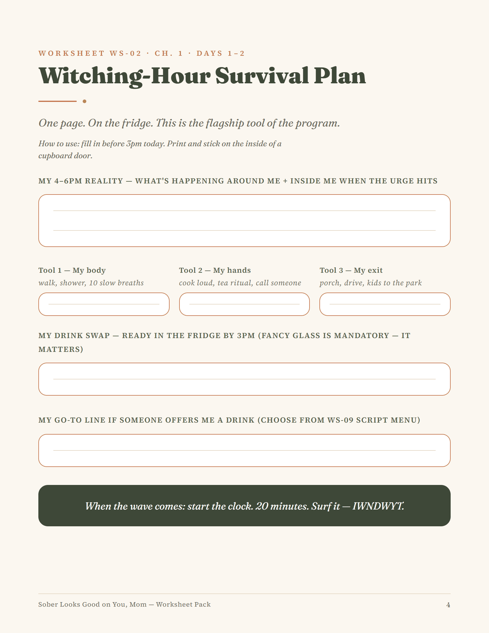 A preview of Worksheet WS-02, the Witching-Hour Survival Plan — one page with fields for your 4-6pm reality, three coping tools, a drink swap, and a go-to line if someone offers you a drink